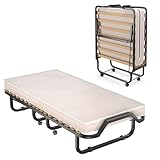 GOPLUS Gästebett 90×200 cm, Einzelbett klappbar mit Memoryschaummatratze, Stahlrahmen, 4 Universalrollen, Klappbett für Gästezimmer, Camping, Büro, Schlafzimmer & Wohnzimmer (Beige, 90×200 cm)