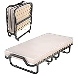 COSTWAY 90x200cm Gästebett mit Matratze aus Rückstellschaum, Klappbares Einzelbett, Stabiler Metallbett bis 120 kg, Klappbett auf Rädern, Faltbett für Camping & Gästezimmer, Tragbares Bett (Beige)