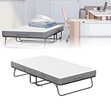 XMTECH klappbares Gästebett Klappbett 115x203cm Erwachsene Metall Bettgestell mit ca.13CM Dicke Gedächtnisschaum Matratze, Metallbett Mit Rollen, bis 200 kg Belastbar für Schlafzimmer Wohnzimme