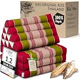 livasia Thaikissen mit 3 Auflagen - 175x50x8cm - Dreieckskissen mit Klappmatratze, Keilkissen Kapok, Rückenkissen faltbar, Thaimatte zum Klappen, handgefertigt, Meditationskissen (Rot/Grün)