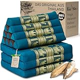 livasia Thaikissen 3 Auflagen Thaiseide - 175x55x8cm - Dreieckskissen mit Klappmatratze, Rückenkissen faltbar, Thaimatte zum Klappen, Kapok handgefertigt, Meditationskissen (Hellblau/Elefanten Seide)