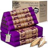 livasia Thaikissen 3 Auflagen Thaiseide - 175x55x8cm - Dreieckskissen mit Klappmatratze, Rückenkissen faltbar, Thaimatte zum Klappen, Kapok handgefertigt, Meditationskissen (Lila/Elefanten Seide)