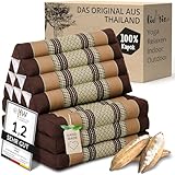 livasia Thaikissen mit 3 Auflagen - 175x50x8cm - Dreieckskissen mit Klappmatratze, Keilkissen Kapok, Rückenkissen faltbar, Thaimatte zum Klappen, handgefertigt, Meditationskissen (Braun)