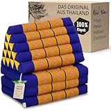 livasia Thaikissen 3 Auflagen extrahoch - 185x55x8cm - Dreieckskissen mit Klappmatratze, Kapok, Jumbo Rückenkissen faltbar, Thaimatte Klappen, handgefertigt, Meditationskissen (Blau/Gelb)